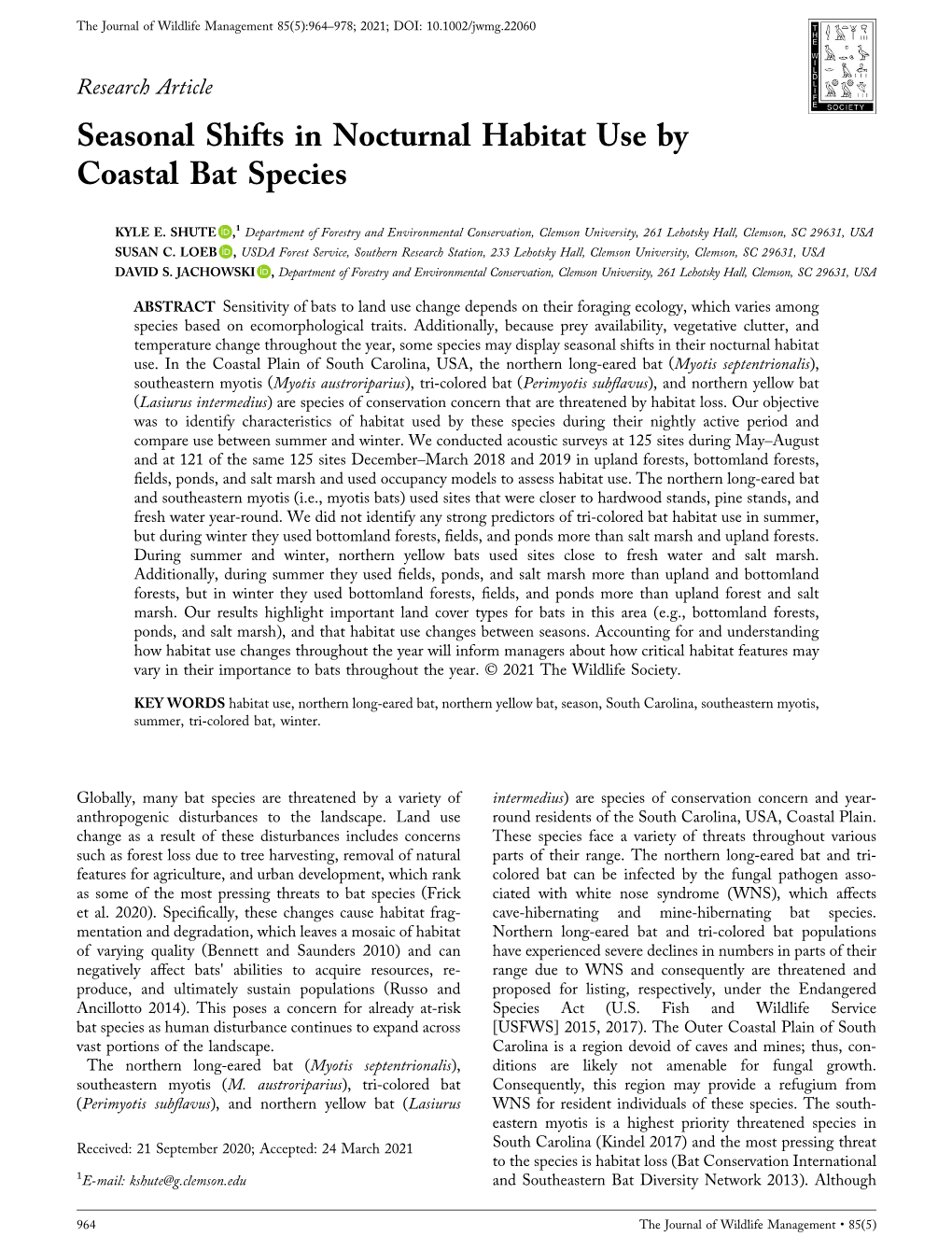 Seasonal Shifts in Nocturnal Habitat Use by Coastal Bat Species