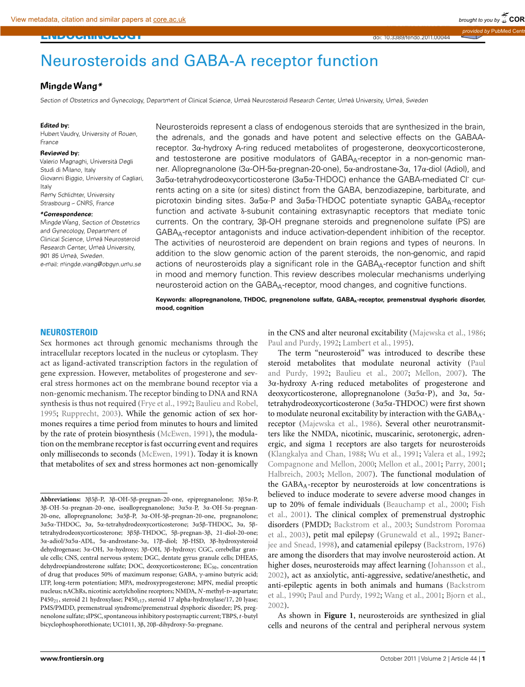 Neurosteroids and GABA-A Receptor Function