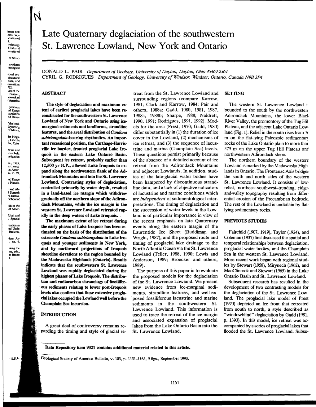 Late Quaternary Deglaciation of the Southwestern 1