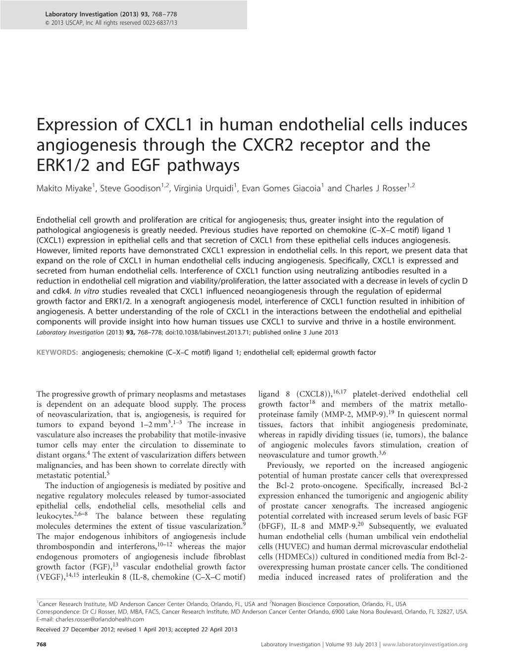 Expression of CXCL1 in Human Endothelial Cells Induces