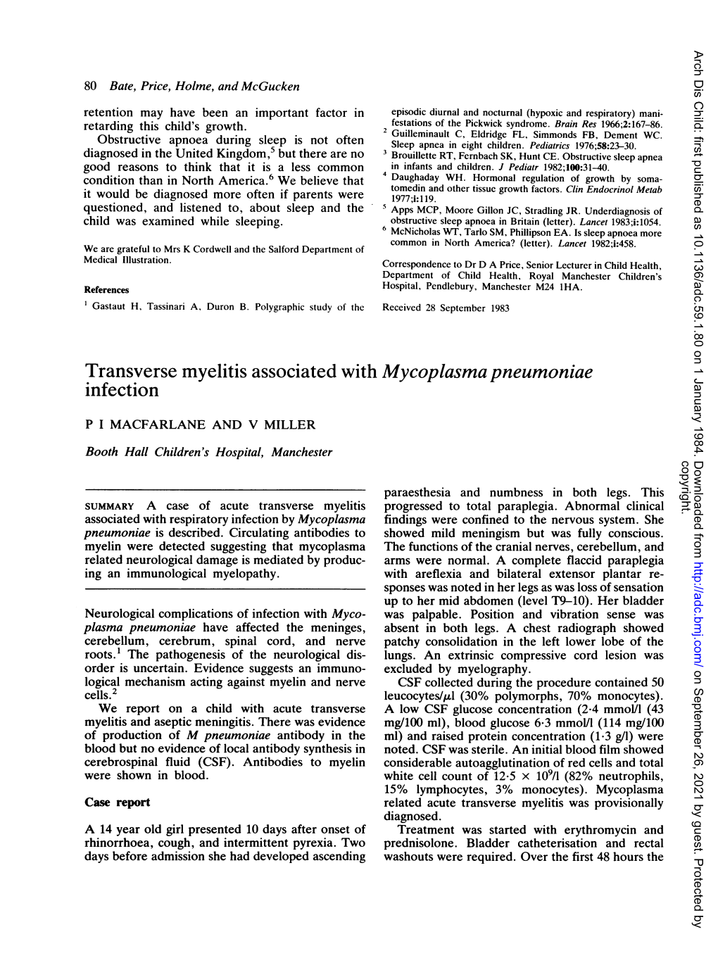 Transverse Myelitis Associated with Mycoplasma Pneumoniae Infection