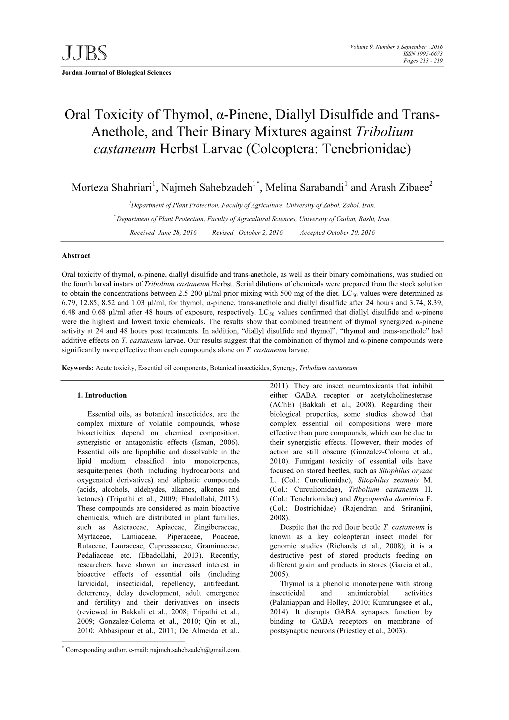 Oral Toxicity of Thymol, Α-Pinene, Diallyl Disulfide and Trans