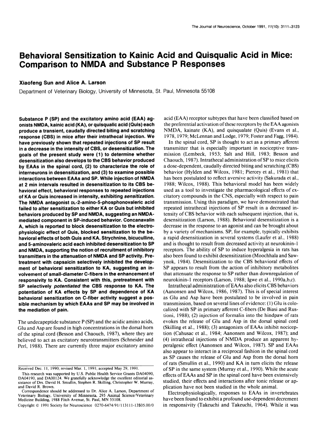 Behavioral Sensitization to Kainic Acid and Quisqualic Acid in Mice: Comparison to NMDA and Substance P Responses