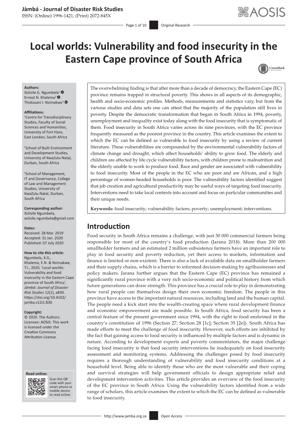 Vulnerability and Food Insecurity in the Eastern Cape Province of South Africa