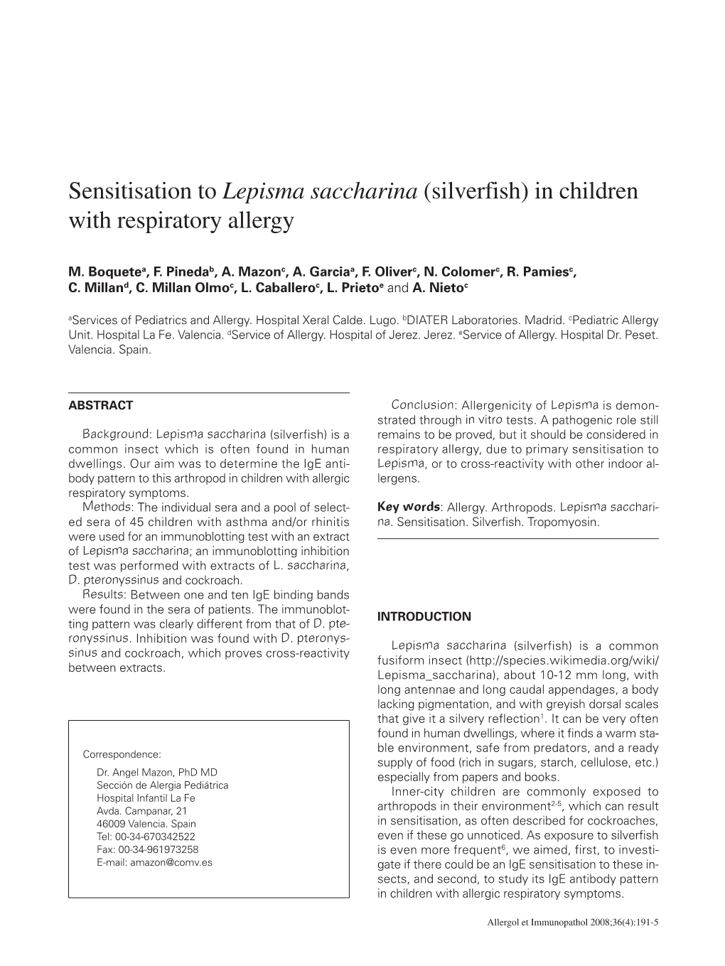 Lepisma Saccharina (Silverfish) in Children with Respiratory Allergy