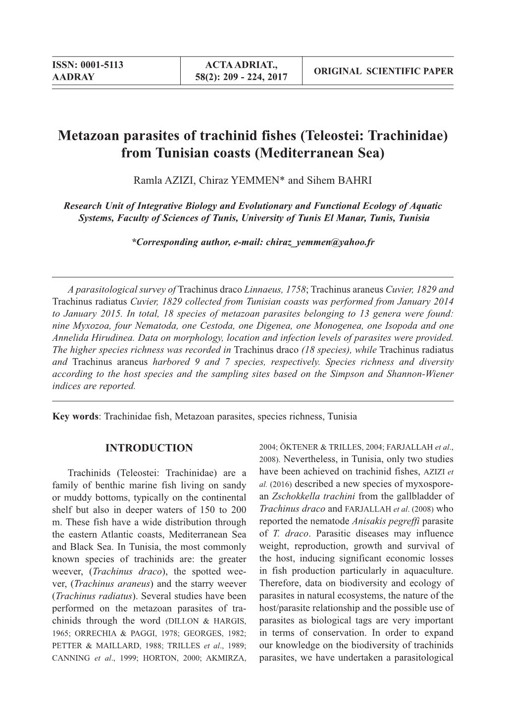 Metazoan Parasites of Trachinid Fishes (Teleostei: Trachinidae) from Tunisian Coasts (Mediterranean Sea)