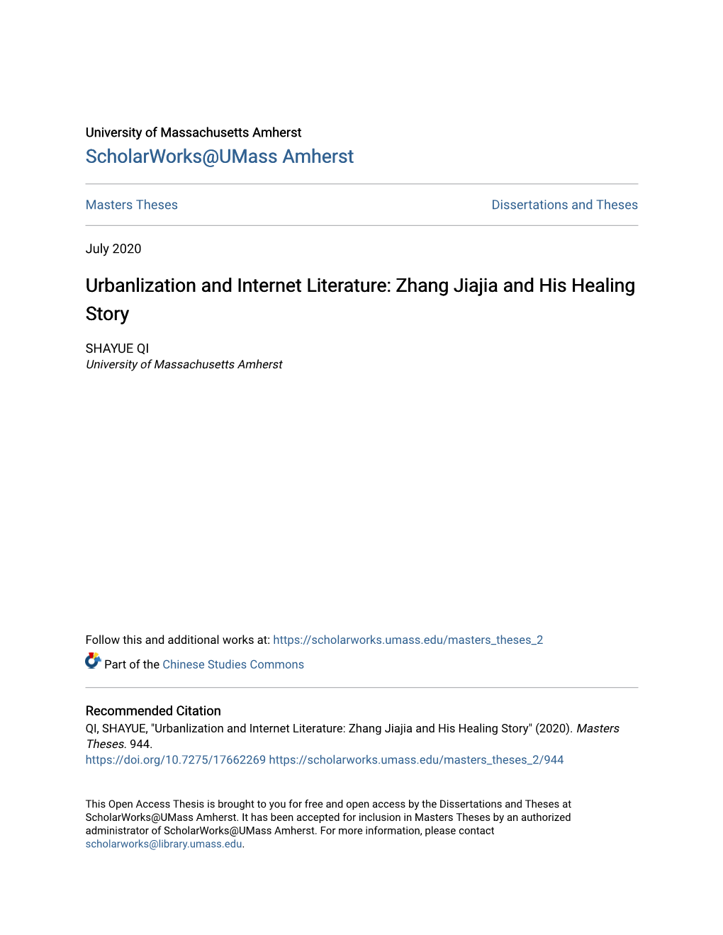 Urbanlization and Internet Literature: Zhang Jiajia and His Healing Story