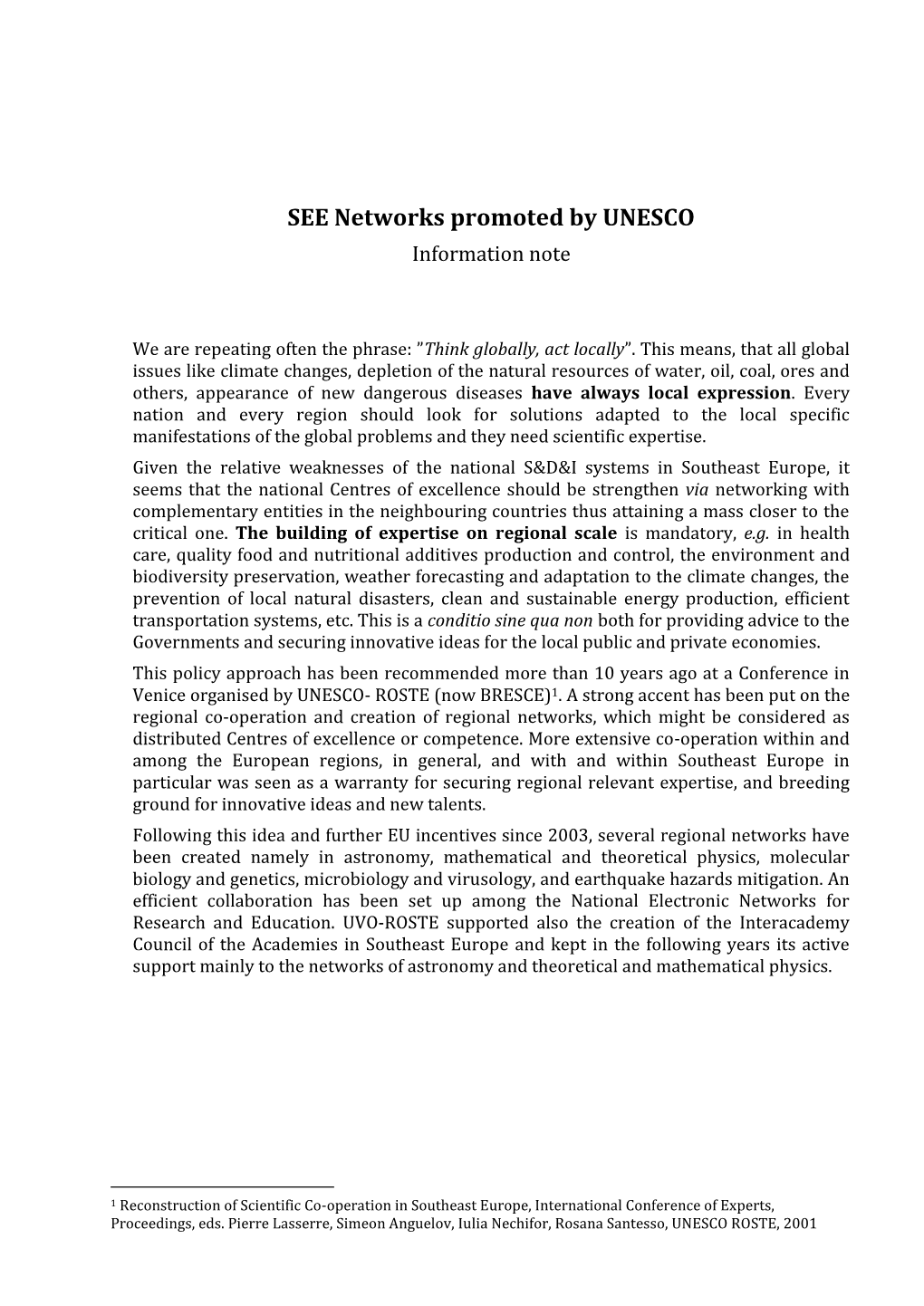 SEE Networks Promoted by UNESCO Information Note