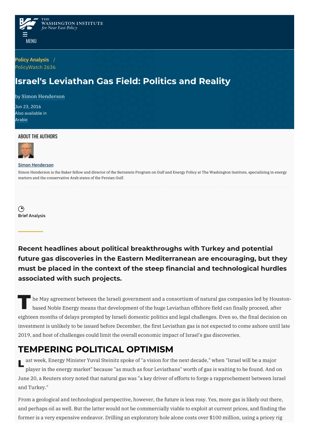 Israel's Leviathan Gas Field: Politics and Reality | the Washington Institute