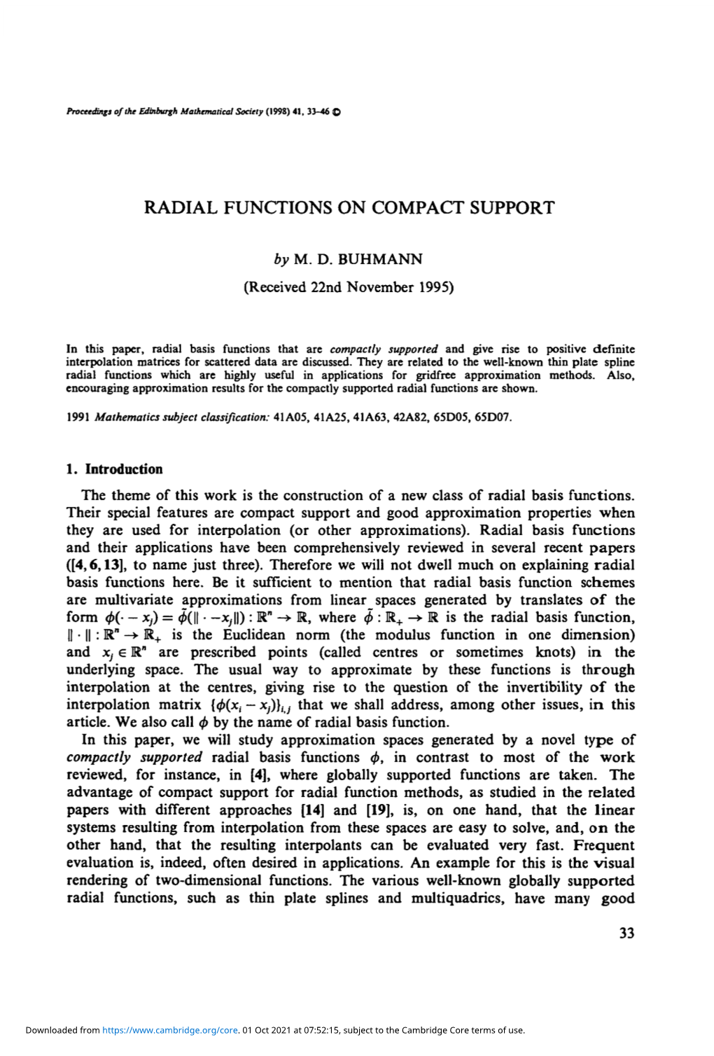 Radial Functions on Compact Support