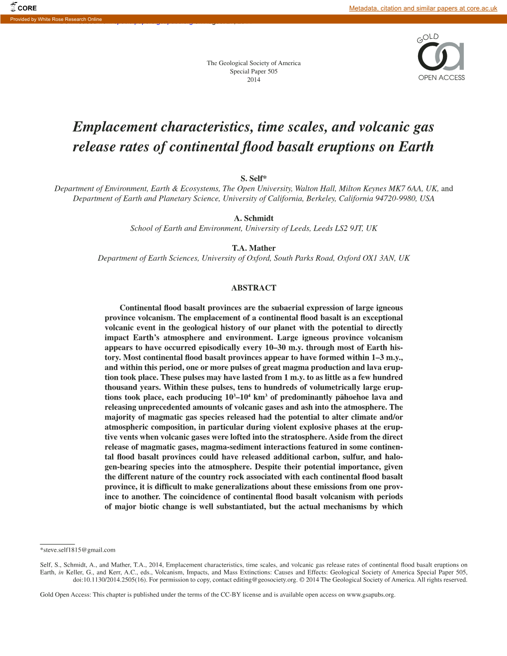 Emplacement Characteristics, Time Scales, and Volcanic Gas Release Rates of Continental ﬂ Ood Basalt Eruptions on Earth