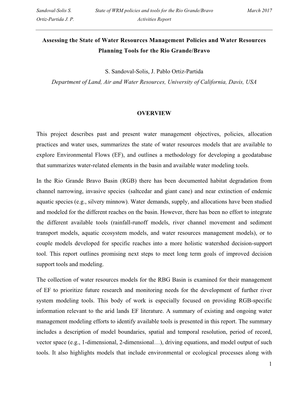 Assessing the State of Water Resources Management Policies and Water Resources Planning Tools for the Rio Grande/Bravo