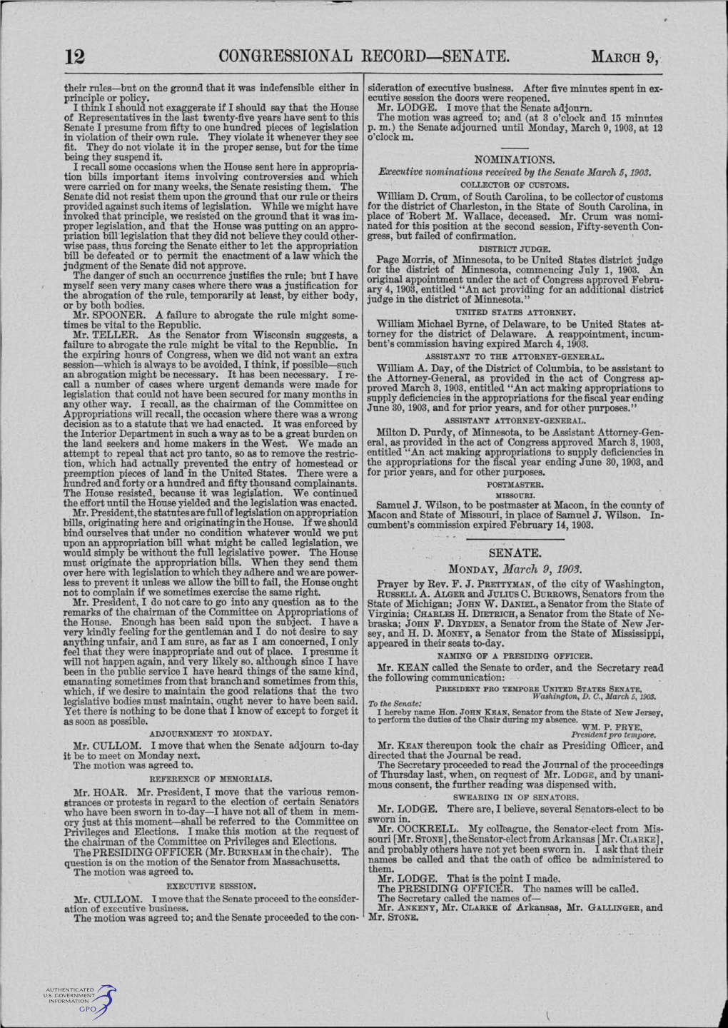 CONGRESSIONAL RECORD-SENATE. MARCH 9,- Their Rules-But on the Ground That It Was Indefensible Either in Sideration of Executive Business