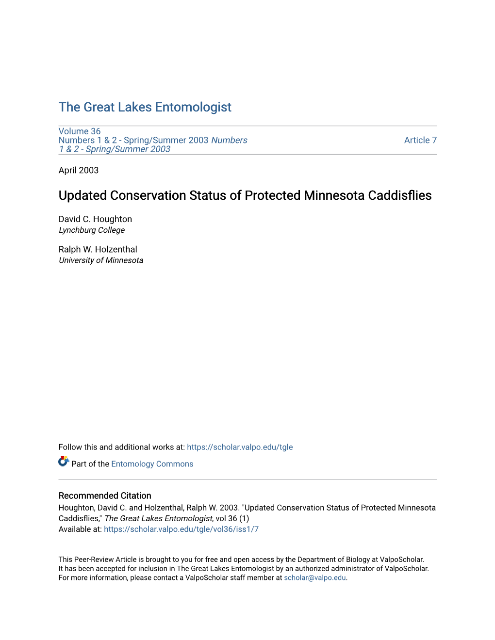 Updated Conservation Status of Protected Minnesota Caddisflies
