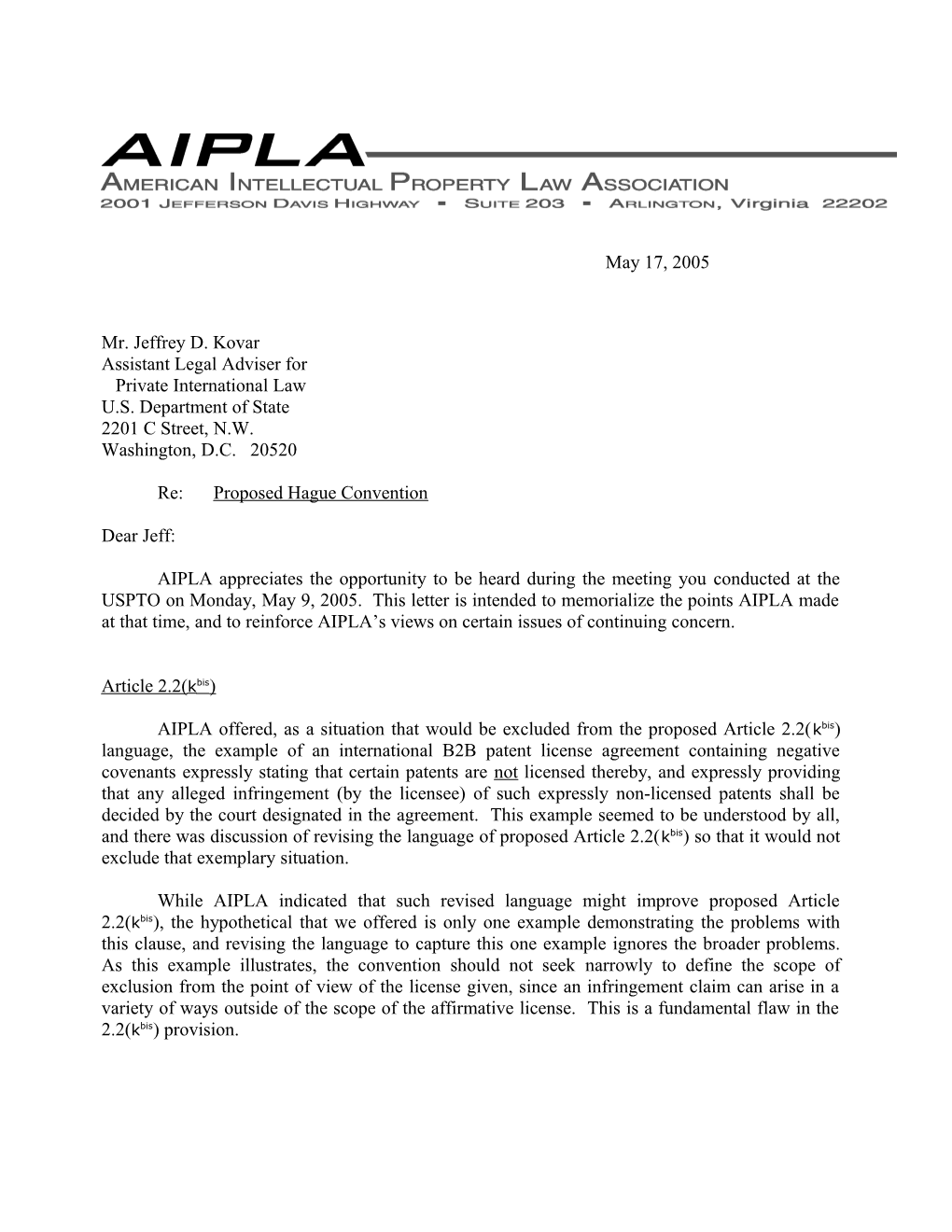 Proposed Letter for Aipla Letterhead