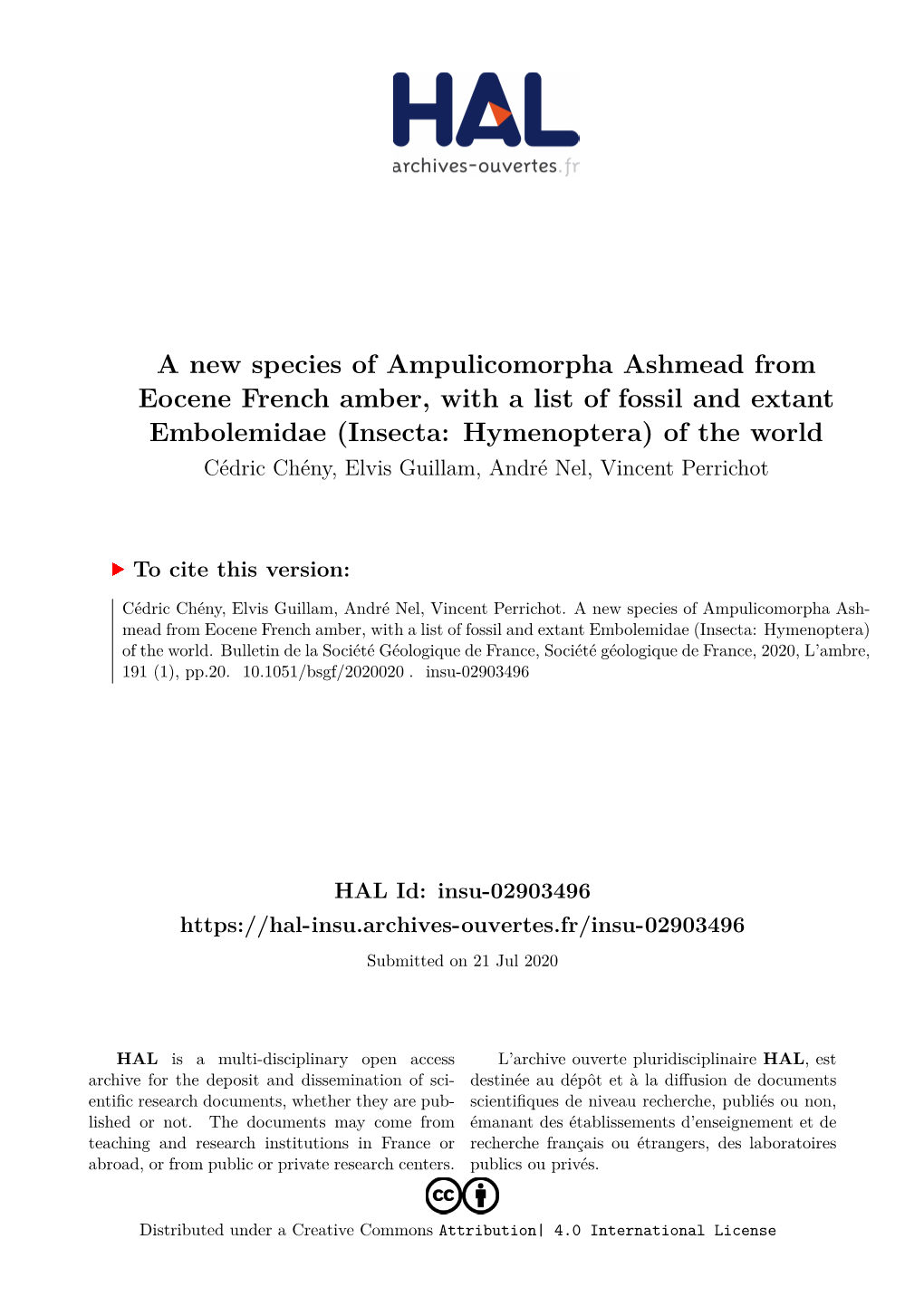 A New Species of Ampulicomorpha Ashmead from Eocene French Amber, with a List of Fossil and Extant Embolemidae