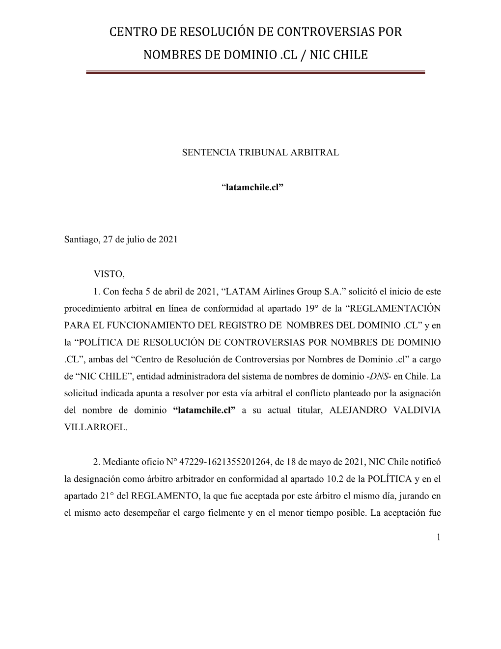 Centro De Resolución De Controversias Por Nombres De Dominio .Cl / Nic Chile
