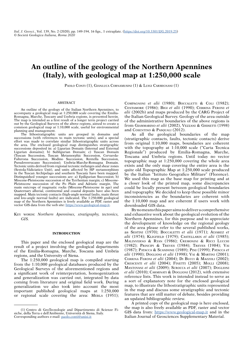 An Outline of the Geology of the Northern Apennines (Italy), with Geological Map at 1:250,000 Scale