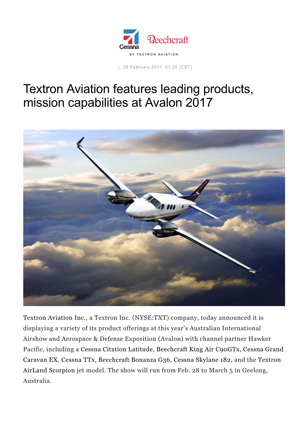 Textron Aviation Features Leading Products, Mission Capabilities at Avalon 2017