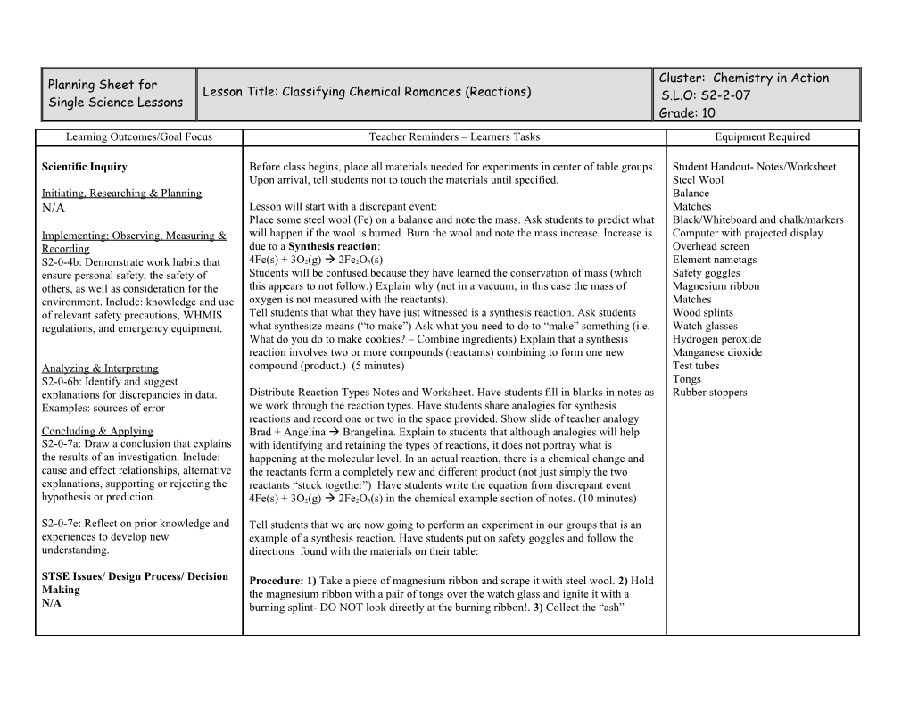 Planning Sheet for Single Science Lessons