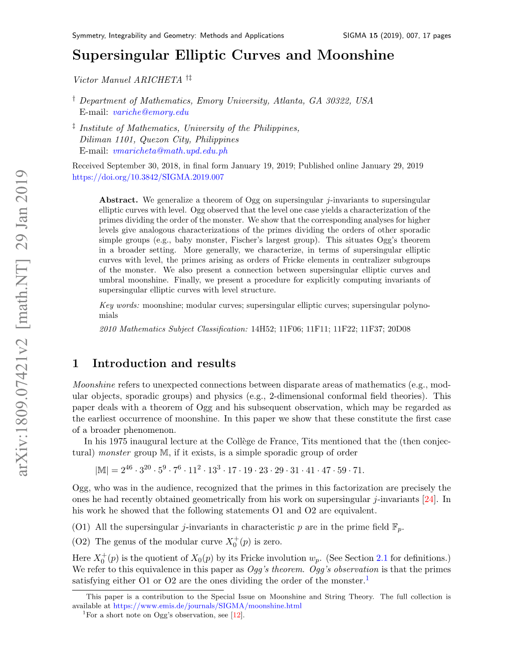 Supersingular Elliptic Curves and Moonshine