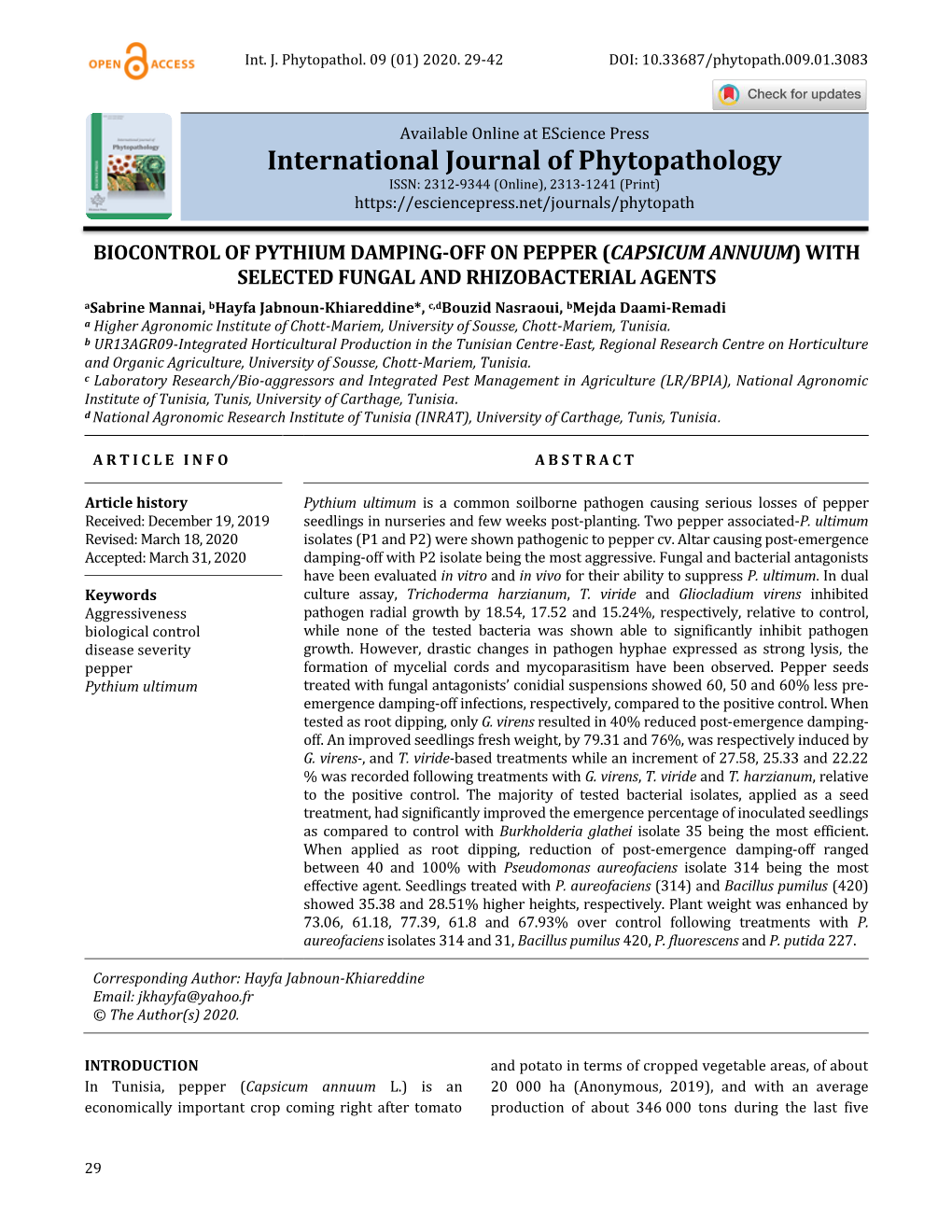 Biocontrol of Pythium Damping-Off on Pepper (Capsicum Annuum)