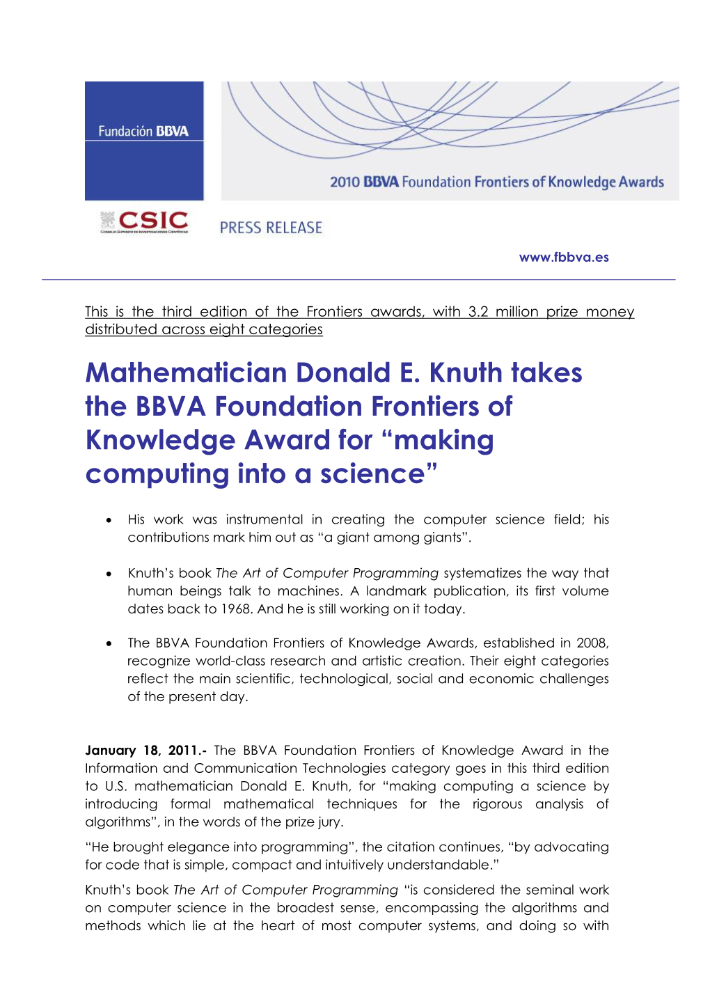 Mathematician Donald E. Knuth Takes the BBVA Foundation Frontiers of Knowledge Award for “Making Computing Into a Science”