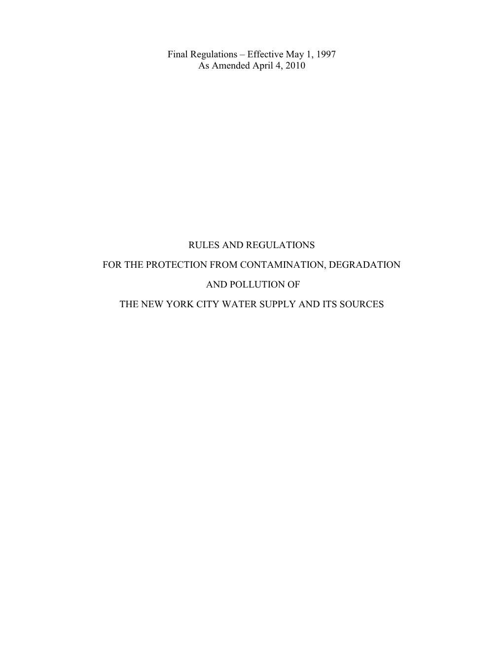 New York City Watershed Rules and Regulations
