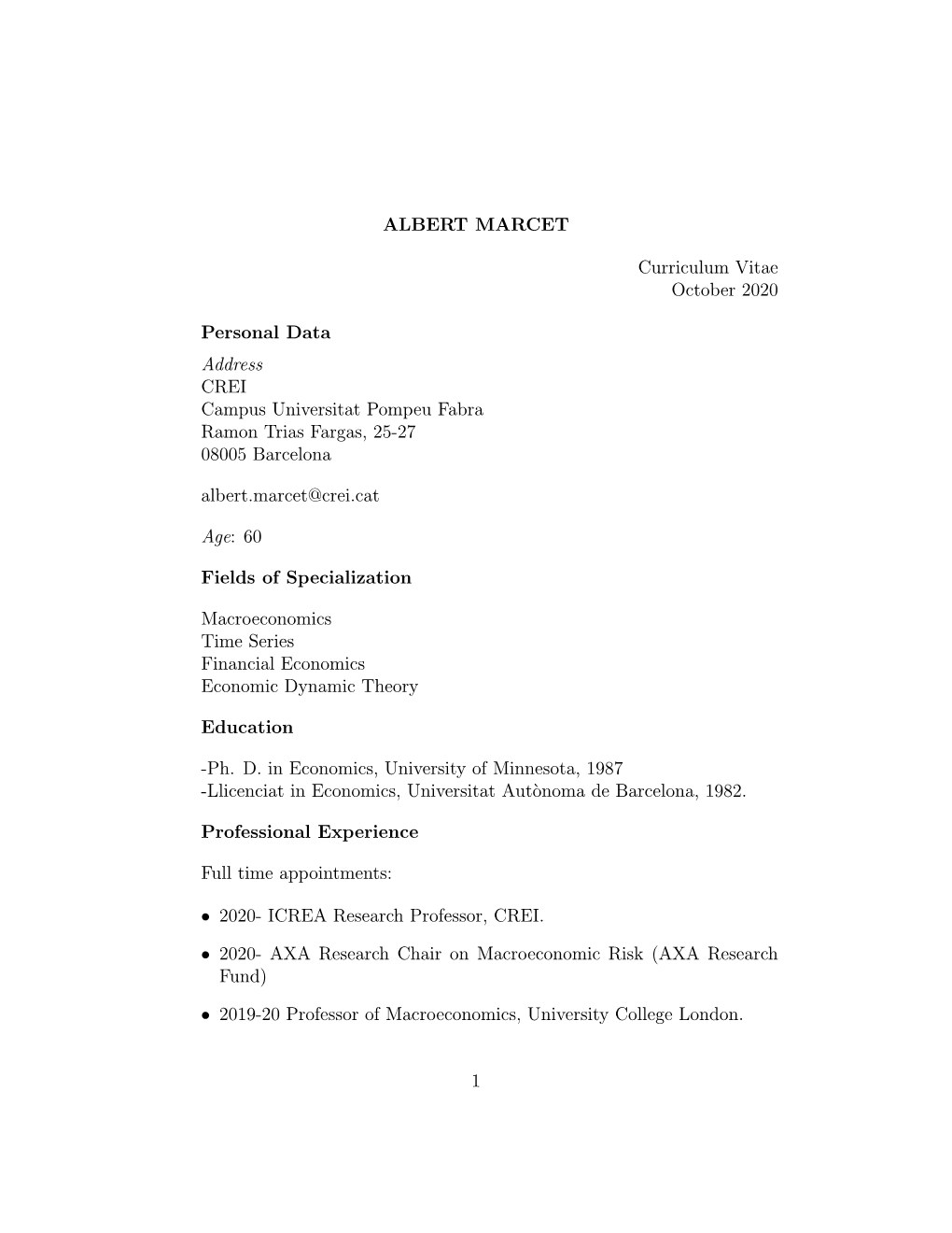 ALBERT MARCET Curriculum Vitae October 2020 Personal Data