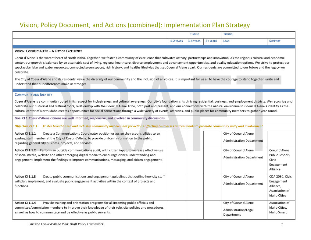 Vision, Policy Document, and Actions (Combined): Implementation Plan Strategy