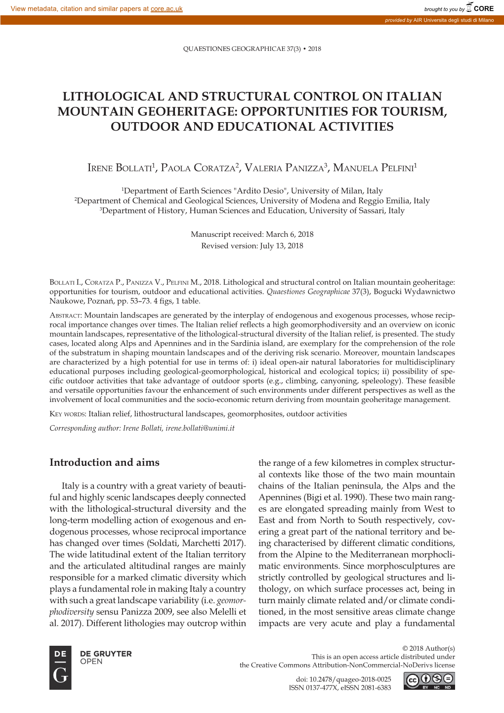 Lithological and Structural Control on Italian Mountain Geoheritage: Opportunities for Tourism, Outdoor and Educational Activities