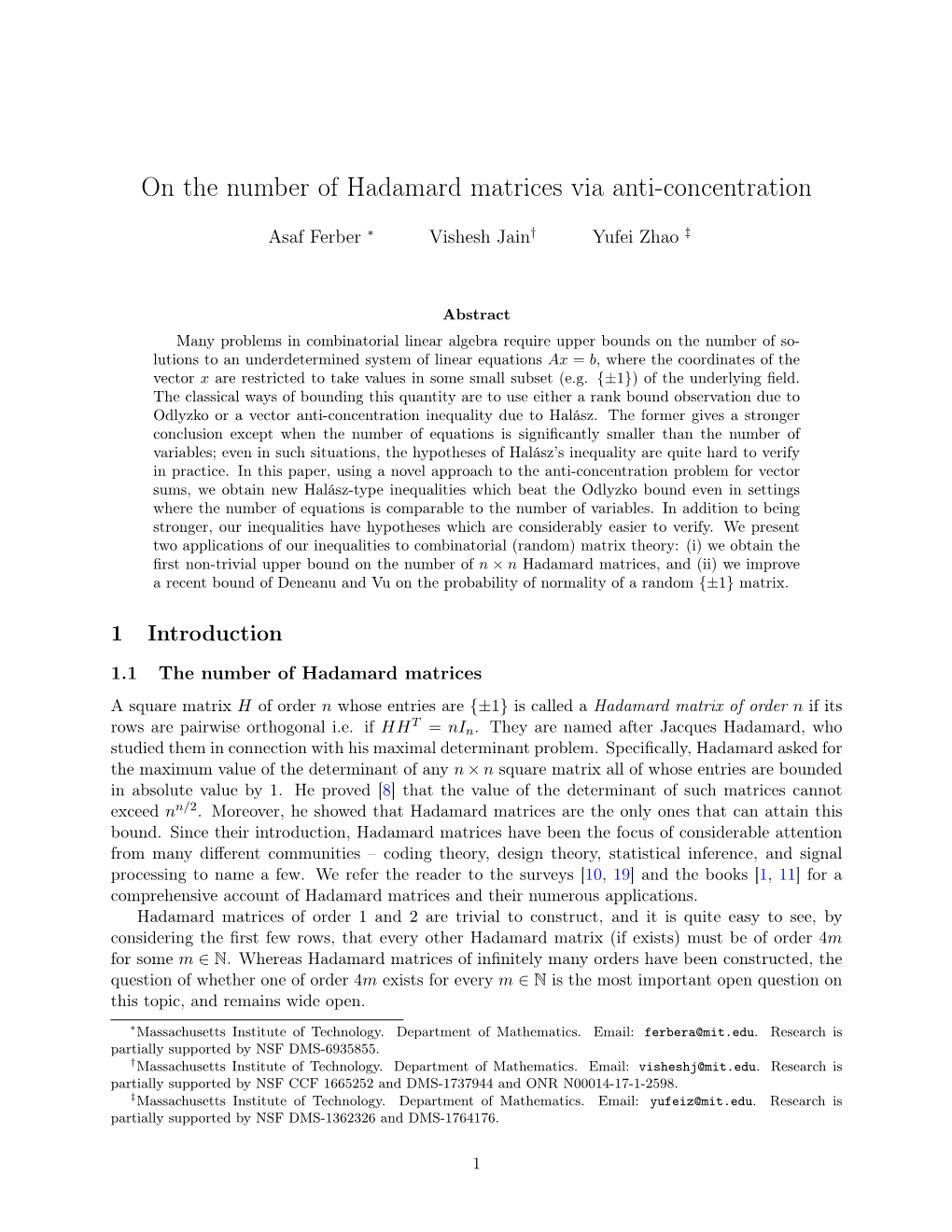 On the Number of Hadamard Matrices Via Anti-Concentration