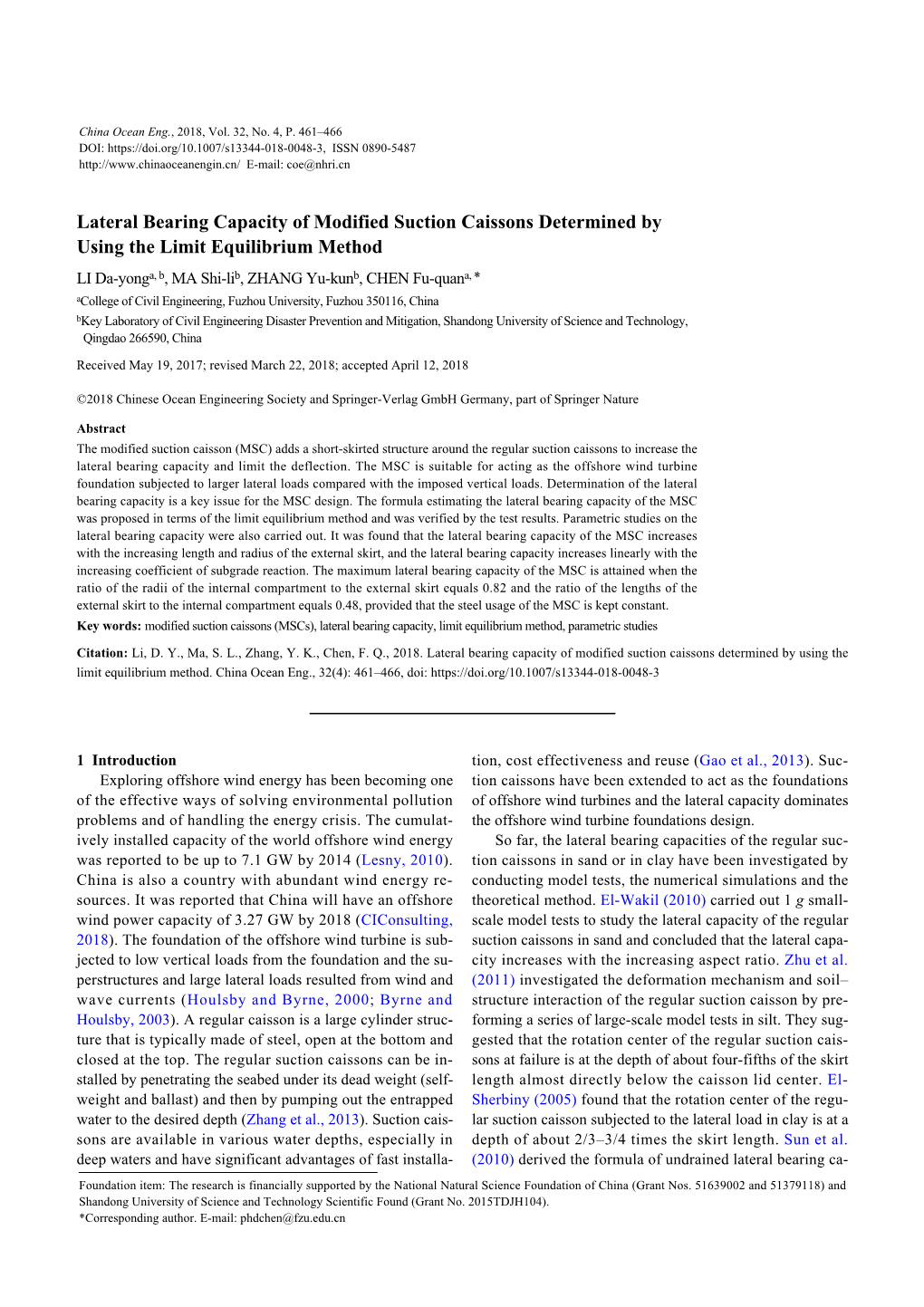 Lateral Bearing Capacity of Modified Suction