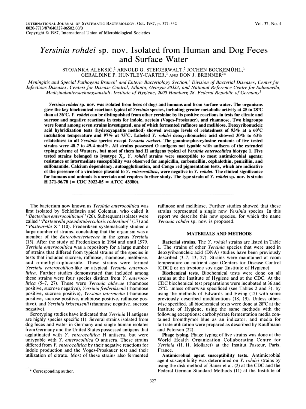 Yersinia Rohdei Sp. Nov. Isolated from Human and Dog Feces and Surface Water STOJANKA ALEKSIC,L ARNOLD G