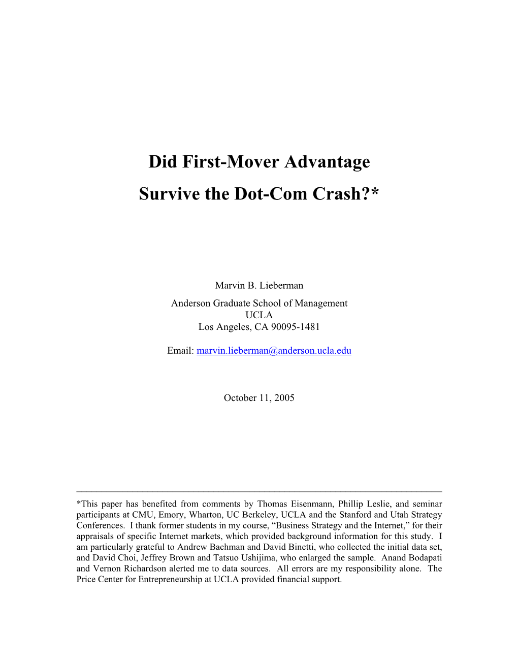 First Mover Advantage in Internet Markets