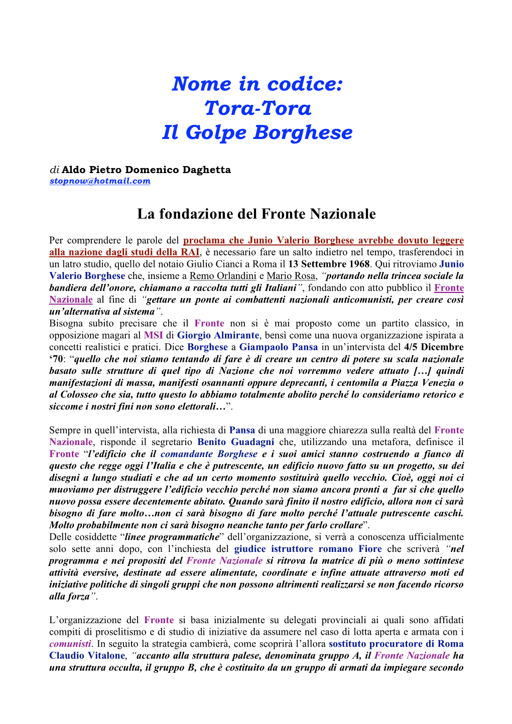 Nome in Codice: Tora-Tora Il Golpe Borghese