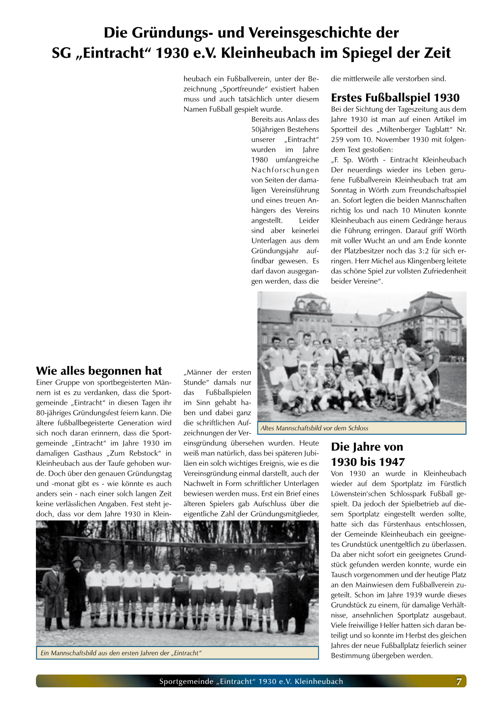 Die Gründungs- Und Vereinsgeschichte Der SG „Eintracht“ 1930 E.V. Kleinheubach Im Spiegel Der Zeit