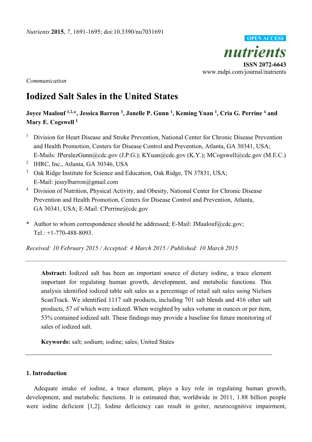 Iodized Salt Sales in the United States