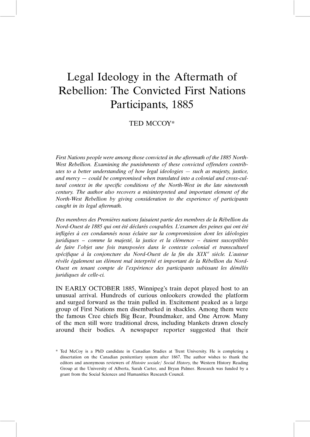 Legal Ideology in the Aftermath of Rebellion: the Convicted First Nations Participants, 1885