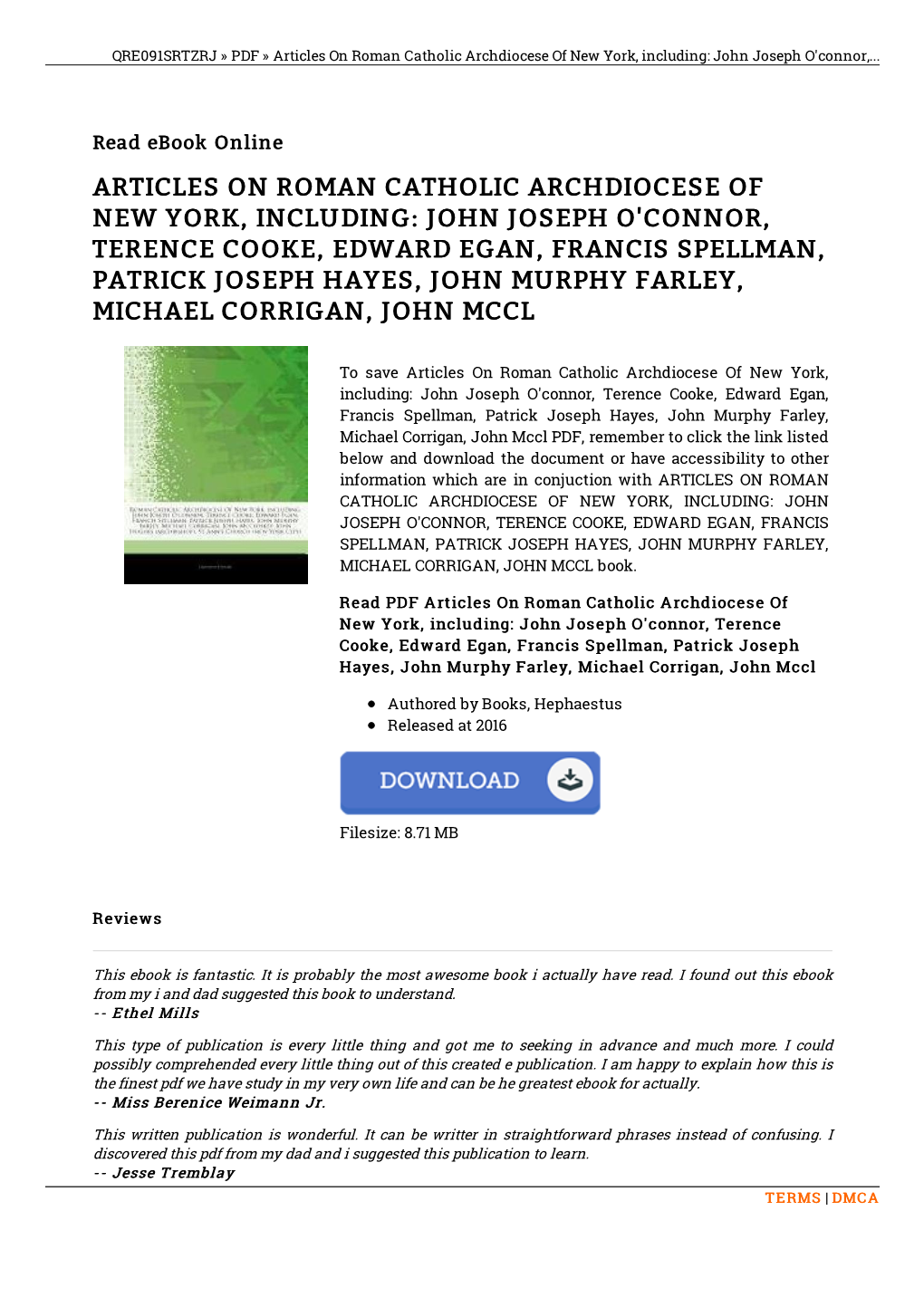 Articles on Roman Catholic Archdiocese of New York, Including: John Joseph O'connor