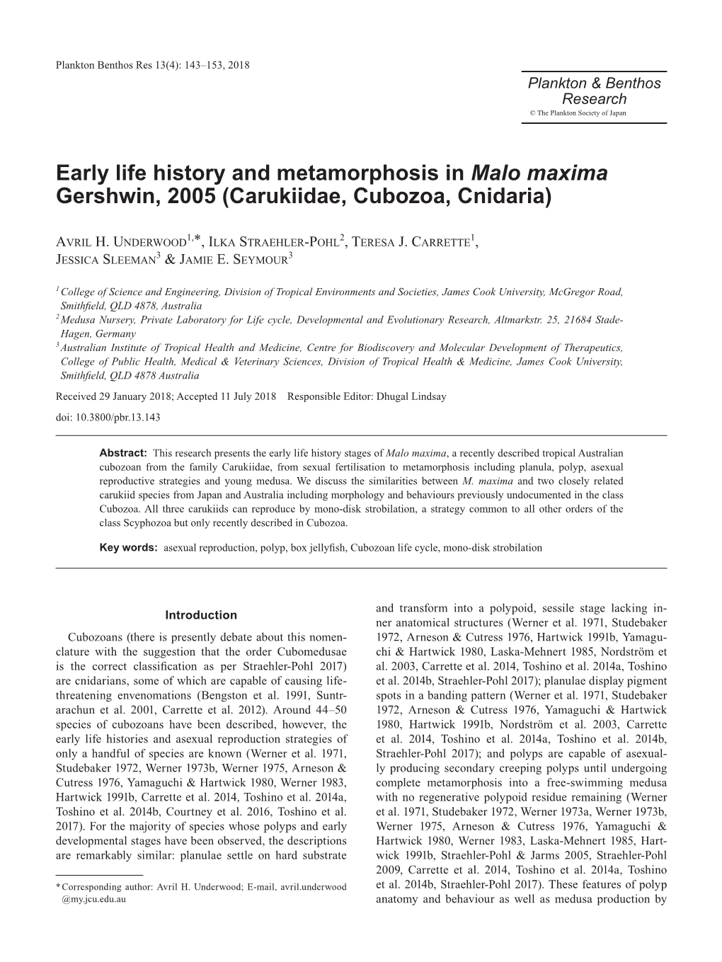 Early Life History and Metamorphosis in Malo Maxima Gershwin, 2005 (Carukiidae, Cubozoa, Cnidaria)