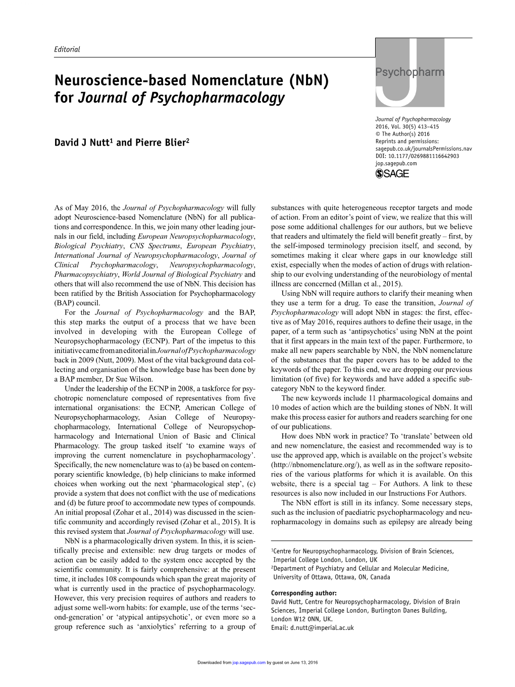 Neuroscience-Based Nomenclature (Nbn) for Journal of Psychopharmacology