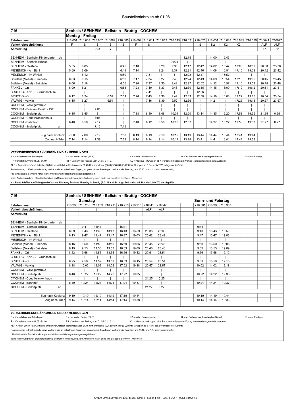 Baustellenfahrplan Ab 01.08. 716 Senhals / SENHEIM