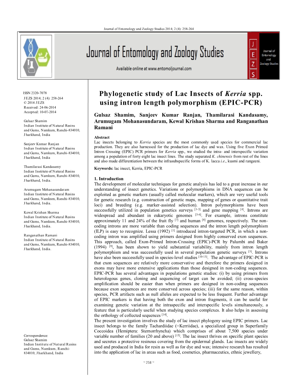 Phylogenetic Study of Lac Insects of Kerria Spp. Using Intron Length Polymorphism (EPIC-PCR)