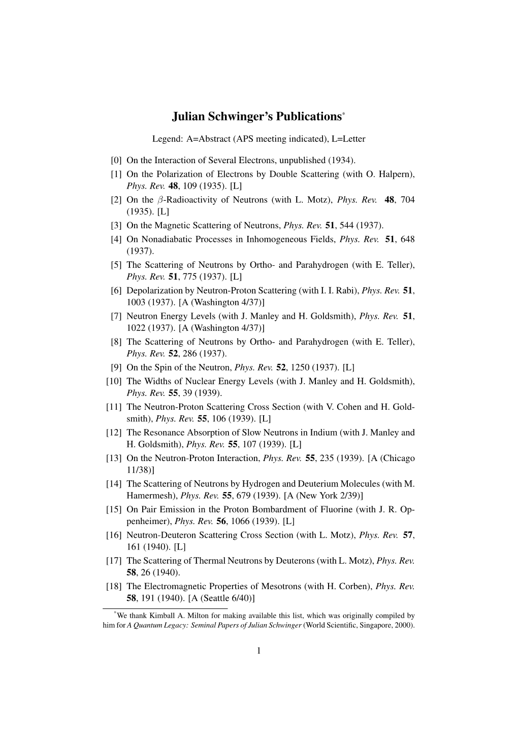 Julian Schwinger's Publications*
