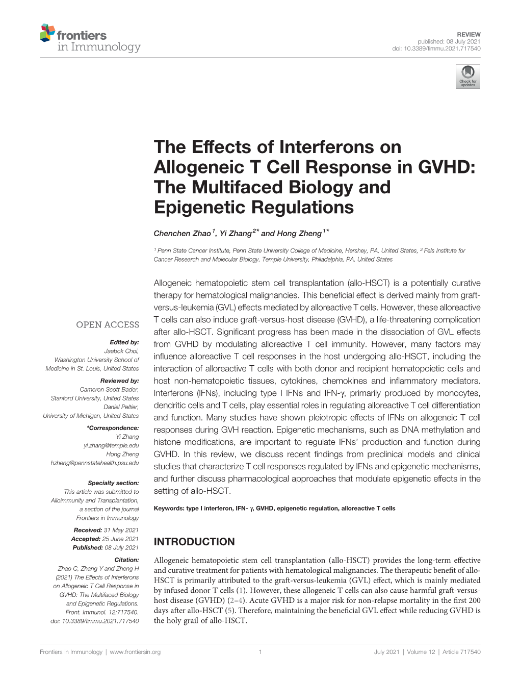 The Effects of Interferons on Allogeneic T Cell Response in GVHD: the Multifaced Biology and Epigenetic Regulations