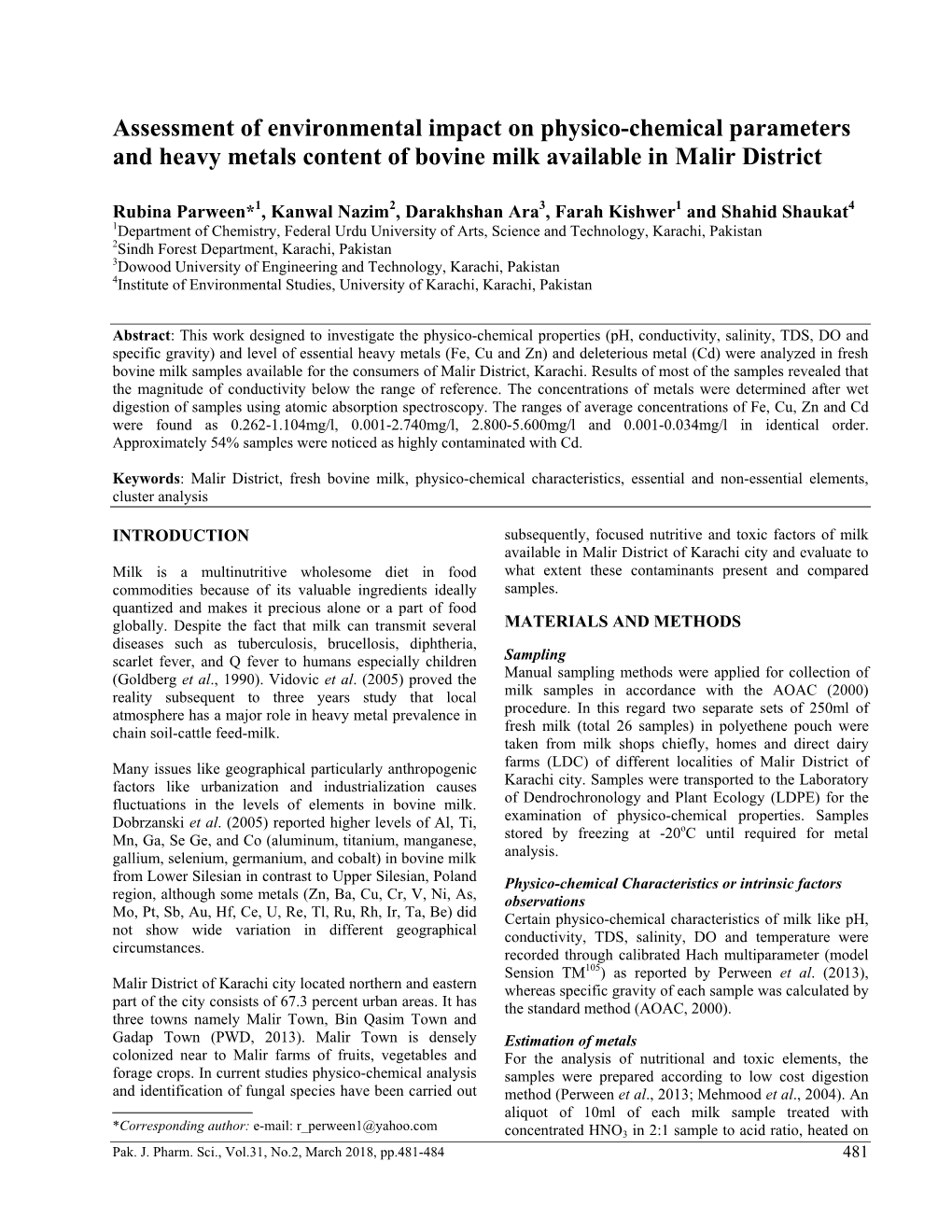 Assessment of Environmental Impact on Physico-Chemical Parameters and Heavy Metals Content of Bovine Milk Available in Malir District