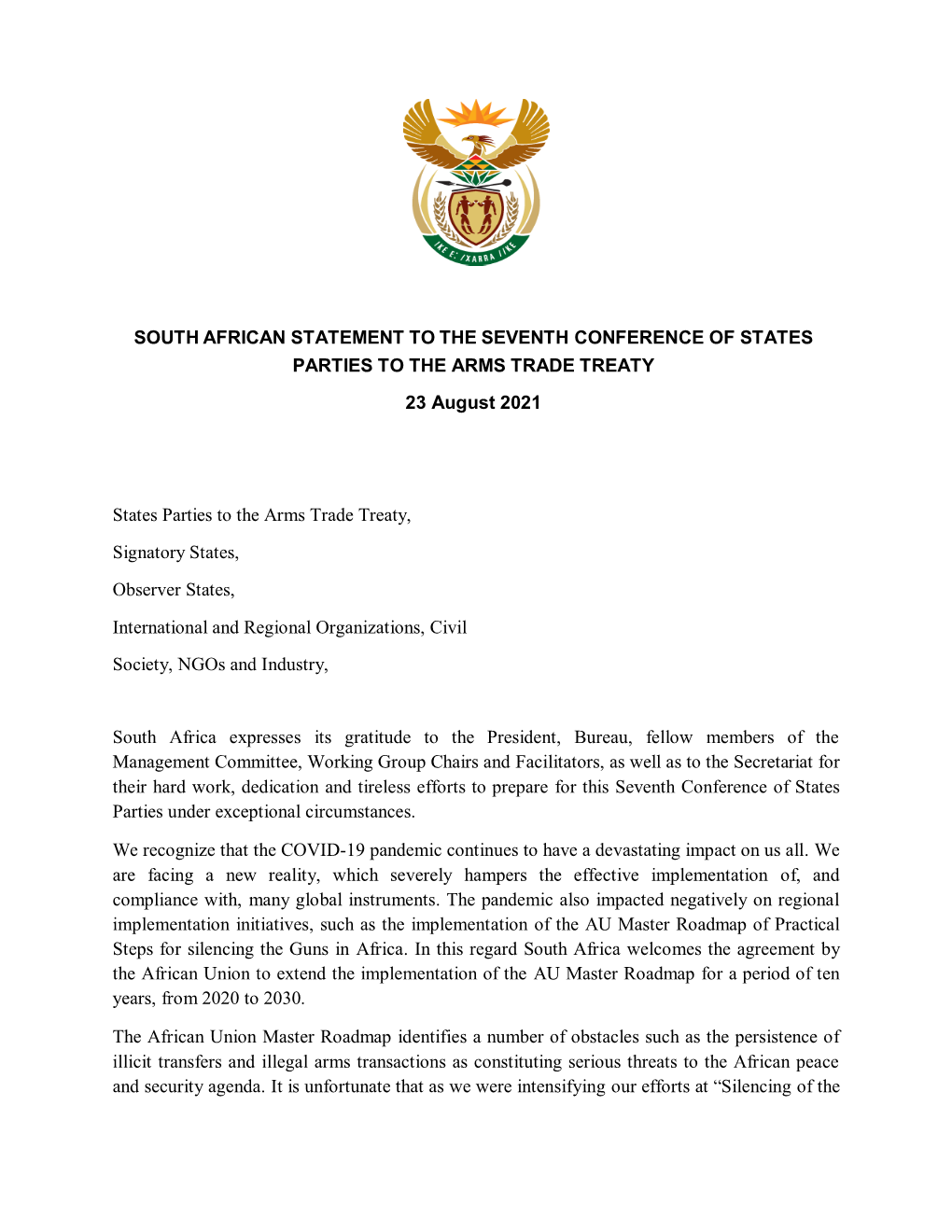 SOUTH AFRICAN STATEMENT to the SEVENTH CONFERENCE of STATES PARTIES to the ARMS TRADE TREATY 23 August 2021