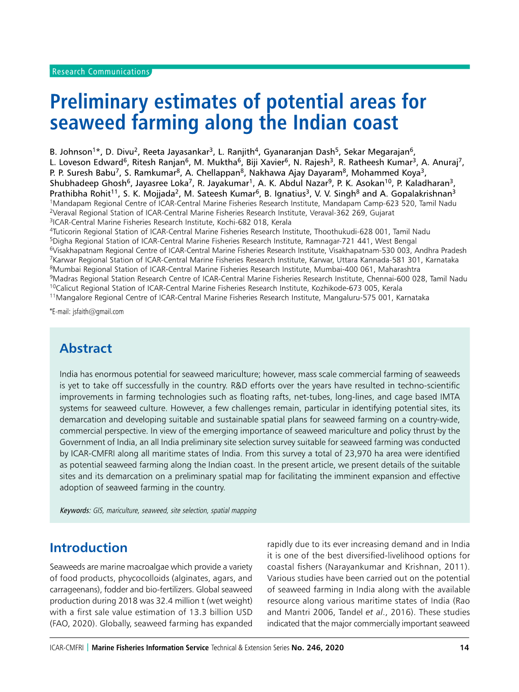 Preliminary Estimates of Potential Areas for Seaweed Farming Along the Indian Coast