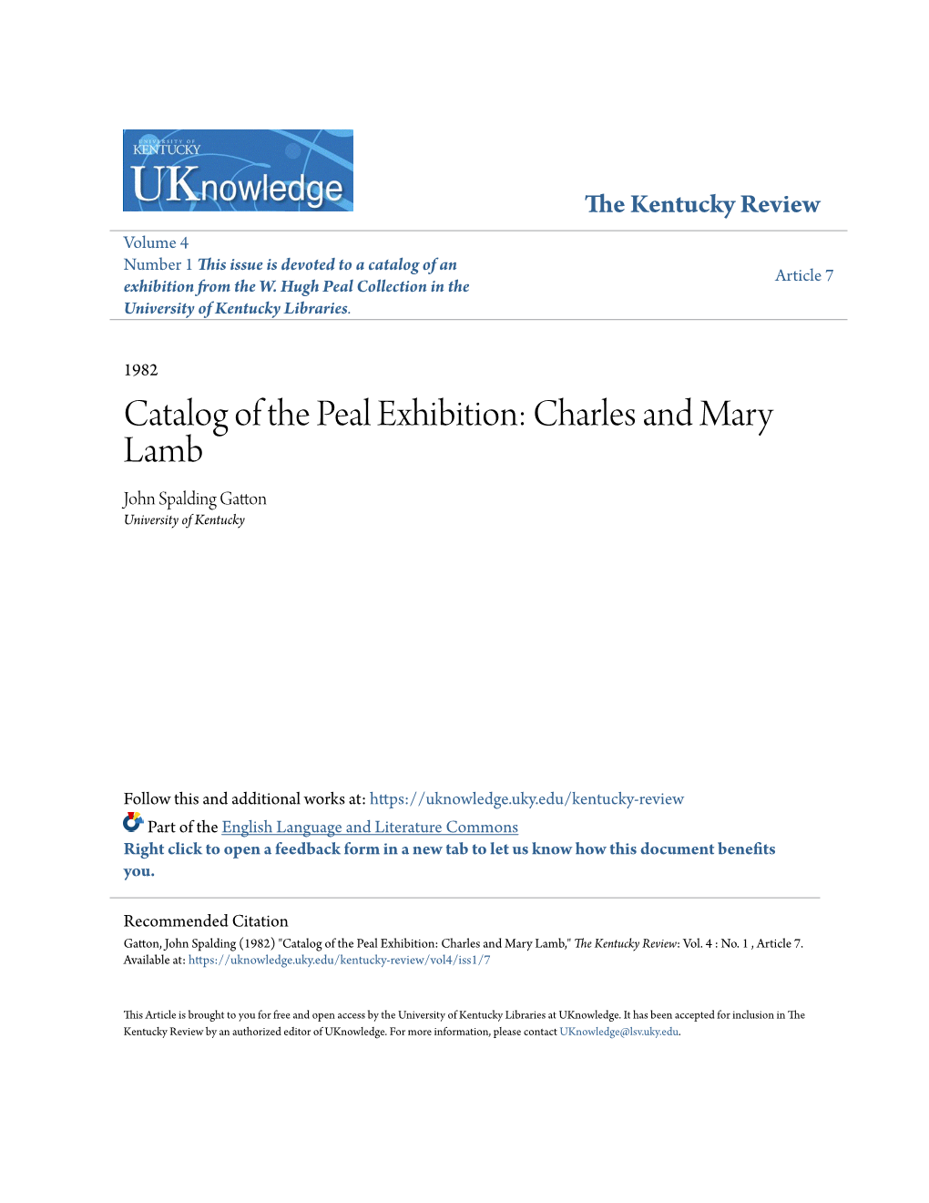 Catalog of the Peal Exhibition: Charles and Mary Lamb John Spalding Gatton University of Kentucky